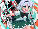  animal_ears black_bow black_bowtie black_hairband black_ribbon bow bowtie flower frilled_skirt frills ghost green_eyes green_skirt green_vest grey_hair hairband hitodama_print katana konpaku_youmu_(ghost) momo_ga_suki_desu open_clothes open_mouth open_vest pink_flower pleated_skirt rabbit_ears reisen_udongein_inaba ribbon scabbard sheath shirt short_hair short_sleeves skirt sword touhou vest weapon white_shirt 