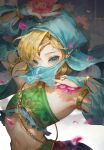  1boy arabian_clothes armlet blonde_hair blue_eyes bridal_gauntlets circlet crossdressing detached_sleeves flower gerudo_set_(zelda) highres kim_eul_bong link male_focus mouth_veil official_alternate_costume otoko_no_ko petals pointy_ears solo the_legend_of_zelda the_legend_of_zelda:_breath_of_the_wild veil 