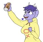 2023 3_horns 5_fingers alpha_channel anthro beverage_can breasts ceratopsian clothing digital_drawing_(artwork) digital_media_(artwork) dinosaur eyelashes female fingers frill_(anatomy) goodbye_volcano_high hair hoodie horn mug_root_beer multi_horn open_mouth open_smile ornithischian purple_body purple_eyes purple_hair purple_scales reptile scales scalie short_hair simple_background smile sogflesh solo teeth tongue topwear transparent_background triceratops trish_(gvh)