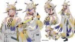  1girl arknights artist_name bare_shoulders blonde_hair blue_eyes breasts dragon_girl dragon_horns dragon_tail highres horns jacket laurene_(miawwmeng) long_hair multicolored_hair multiple_views off_shoulder pants pointy_ears purple_hair shu_(arknights) simple_background small_breasts tail two-tone_hair very_long_hair white_background white_jacket white_pants 