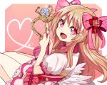  1girl blonde_hair bloomers border chaos_marie_(grimms_notes) cu-sith gradient_background grimms_notes hair_ribbon heart heart-shaped_pupils holding holding_wand holding_weapon jewelry long_hair open_mouth pendant pink_background pink_eyes puffy_short_sleeves puffy_sleeves ribbon short_sleeves smile sparkle symbol-shaped_pupils wand weapon white_border wings 