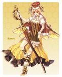  breasts brown_eyes brown_skirt cape cleavage crown full_body fur_trim high_heels honeycomb_(pattern) honeycomb_background hornet insect_wings jewelry light_brown_hair looking_at_viewer medium_breasts natsume_k necklace original personification sheath sheathed short_sleeves skirt solo standing standing_on_one_leg striped sword vertical_stripes weapon wings 