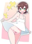  1girl absurdres aile_(mega_man_zx) blush breasts brown_hair buzzlyears camisole dress fang green_eyes highres looking_at_viewer mega_man_(series) mega_man_zx navel panties pink_panties robot_ears short_hair skin_fang small_breasts solo underwear white_camisole white_dress 
