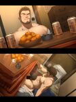  2boys alcohol bar_censor bara beard_stubble beer black_hair censored chinstrap_beard come_hither completely_nude facial_hair fellatio food from_below fruit highres kotatsu male_focus mandarin_orange mature_male multiple_boys new_year nude oral original oro9 paid_reward_available seductive_smile short_hair smile smoking solo_focus spiked_hair steam stubble table under_kotatsu under_table yaoi 