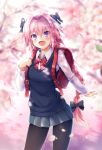  :d absurdres astolfo_(fate) backpack bag black_bow black_legwear blurry bow bowtie braid cherry_blossoms commentary_request contrapposto day depth_of_field fang fate/grand_order fate_(series) highres long_braid long_hair looking_at_viewer male_focus multicolored_hair open_mouth otoko_no_ko outdoors pantyhose petals pink_hair pleated_skirt purple_eyes randoseru samoore school_uniform shirt single_braid skirt smile spring_(season) standing sweater sweater_vest white_shirt 