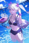  bikini black_clover blue_bikini bubble grey_hair hair_ribbon highres holding holding_wand in_water looking_at_viewer low_twintails noelle_silva open_clothes open_shirt parted_lips poonwip purple_eyes purple_ribbon ribbon shirt swimsuit twintails wand water wet wet_clothes wet_shirt white_shirt 