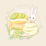  animal commentary_request flower food food_focus fruit garnish green_flower ice_cream kiwi_(fruit) kiwi_slice leaf no_humans original pancake plate rabbit solid_oval_eyes sparkle subaru_(jack) syrup twitter_username vanilla 