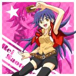  arm_up blue_hair brown_eyes card duel_academy_uniform_(yu-gi-oh!_gx) jacket mo_ss red_jacket red_vest saotome_rei shirt short_shorts shorts smile thighhighs vest yellow_shirt yu-gi-oh! yu-gi-oh!_gx 
