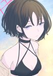  1girl aka_afl_o bare_shoulders blue_archive breasts choker ear_piercing earrings expressionless halo highres jewelry misaki_(blue_archive) misaki_(swimsuit)_(blue_archive) piercing purple_eyes short_hair simple_background star_halo sweater swimsuit upper_body 