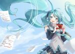  1girl absurdres blue_eyes blue_hair blush camera collared_shirt day detached_sleeves floating_hair hair_ornament hatsune_miku highres holding holding_camera long_hair long_sleeves miku_day musical_note nagitofuu nail_polish necktie open_mouth paper pleated_skirt shirt skirt sky sleeveless sleeveless_shirt smile solo staff_(music) twintails very_long_hair vocaloid 