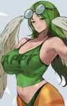  1girl ashiomi_masato bare_shoulders breasts cleavage clothes_writing crop_top eyewear_on_head feathered_wings feathers green_hair green_tank_top harpy highres large_breasts long_hair looking_at_viewer midriff monet_(one_piece) monster_girl navel one_piece see-through see-through_shirt smile solo striped_clothes tank_top winged_arms wings yellow_eyes 