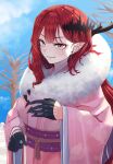  1girl baobhan_sith_(fate) blue_sky blush cernunnos_(fate) closed_mouth day earrings fate/grand_order fate_(series) gloves grey_eyes hair_ornament half_gloves highres japanese_clothes jewelry kimono long_hair looking_at_viewer neck_pillow niwaikanai obi outdoors pink_kimono pointy_ears red_hair sash sidelocks single_sidelock sky smile solo tree upper_body wide_sleeves 