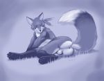  2018 anthro anus balls black_and_white blue_theme canine feathers fox male mammal monochrome nude pawpads smile solo taurin_fox 