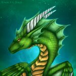 ambiguous_gender arcnova dragon fantasy feral gold_scales green_body green_fin green_scales headshot_portrait horn membrane_(anatomy) portrait scales selianth sky solo star starry_sky white_horn wings yellow_eyes