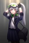  absurdres aek-999_(girls_frontline) bag bangs black_gloves black_jacket black_legwear black_skirt commentary crossed_bangs expressionless girls_frontline gloves goback goggles goggles_on_head grey_hair hair_between_eyes hair_tie hair_tie_in_mouth headphones headphones_around_neck highres jacket long_hair long_sleeves looking_at_viewer mouth_hold open_clothes open_jacket pantyhose pleated_skirt shirt sidelocks skirt smile solo sports_bag tying_hair white_shirt yellow_eyes 