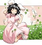  1girl :d ^_^ animal_ears arm_behind_head black_hair blush carrot_necklace closed_eyes clover clover_(flower) dress facing_viewer field flower four-leaf_clover full_body hands_up highres inaba_tewi jewelry jumping kaigen_1025 necklace open_mouth phantasmagoria_of_flower_view puffy_short_sleeves puffy_sleeves rabbit_ears rabbit_girl rabbit_tail short_hair short_sleeves smile socks solo tail touhou white_socks 