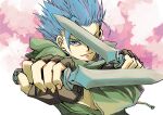  1boy blue_eyes blue_hair brown_gloves camus_(dq11) closed_mouth commentary_request dagger dragon_quest dragon_quest_xi dual_wielding fingerless_gloves gloves holding holding_dagger holding_knife holding_weapon knife male_focus muramasa_mikado pink_background short_hair smile solo two-tone_background upper_body weapon white_background 