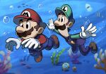  2boys air_bubble blooper_(mario) blue_overalls boots brothers brown_footwear brown_hair bubble coral facial_hair fish gloves green_headwear green_shirt hat highres luigi mario mario_&amp;_luigi_rpg mario_(series) masanori_sato_(style) multiple_boys mustache overalls red_headwear red_shirt shirt short_hair siblings swimming underwater white_gloves ya_mari_6363 