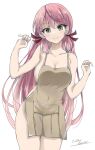 1girl akashi_(kancolle) apron blunt_tresses breasts brown_apron commentary_request covered_navel cowboy_shot gakky green_eyes hair_ribbon highres kantai_collection large_breasts leaning_to_the_side long_hair looking_at_viewer naked_apron one-hour_drawing_challenge pink_hair ribbon simple_background solo tress_ribbon white_background 