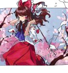 1girl arms_up ascot blue_ascot blush bow branch brown_hair cherry_blossoms closed_eyes closed_mouth collared_shirt detached_sleeves frilled_bow frilled_hair_tubes frilled_shirt_collar frills from_side gohei hair_bow hair_tubes hakurei_reimu highres holding holding_gohei kaigen_1025 long_hair multiple_hair_bows outside_border phantasmagoria_of_flower_view red_bow red_shirt red_skirt ribbon-trimmed_skirt ribbon-trimmed_sleeves ribbon_trim shirt sidelocks skirt sky sleeveless sleeveless_shirt smile solo touhou white_sleeves 