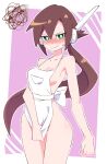  1girl absurdres aile_(mega_man_zx) apron bare_shoulders blush breasts brown_hair buzzlyears cleavage collarbone green_eyes highres holding_apron long_hair looking_at_viewer medium_breasts mega_man_(series) mega_man_zx mega_man_zx_advent naked_apron ponytail robot_ears solo 