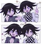  ... 2boys black_hair checkered_clothes checkered_scarf danganronpa_(series) danganronpa_v3:_killing_harmony finger_to_cheek hair_between_eyes heart highres looking_at_another looking_at_viewer looking_to_the_side male_focus multicolored_hair multiple_boys multiple_persona oma_kokichi open_mouth own_hands_together pointing pointing_up purple_eyes purple_hair scarf school_uniform short_hair speech_bubble spoken_ellipsis star_(symbol) straitjacket sweat two-tone_hair upper_body white_background wide-eyed ynyntai 