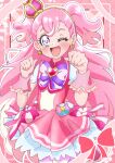  1girl ;d absurdres akizora_(aki_precure) bow bowtie brooch cowboy_shot crown cure_wonderful dress dress_bow earrings frilled_dress frills hairband heart heart_brooch highres inukai_komugi jewelry looking_at_viewer magical_girl mini_crown one_eye_closed open_mouth paw_pose pink_dress pink_headwear pouch precure short_dress short_sleeves smile solo standing tilted_headwear two_side_up wonderful_precure! wrist_cuffs yellow_hairband 