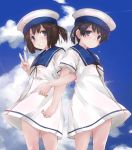 back-to-back black_hair blue_eyes blue_sailor_collar blue_sky brown_eyes cloud commentary_request daitou_(kantai_collection) day dress feet_out_of_frame grin hat hiburi_(kantai_collection) kantai_collection locked_arms looking_at_viewer multiple_girls sailor_collar sailor_dress sailor_hat short_hair short_sleeves sky smile standing v white_hat yumesato_makura 