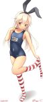  1girl alternate_costume blonde_hair collarbone dated full_body hairband kantai_collection long_hair looking_at_viewer ray.s school_swimsuit shimakaze_(kancolle) signature simple_background solo standing standing_on_one_leg striped_clothes striped_thighhighs swimsuit thighhighs twitter_username white_background 