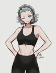  bare_shoulders black_hairband blue_eyes breasts crop_top fire_emblem fire_emblem_fates hair_slicked_back hairband highres looking_at_viewer medium_breasts navel one_eye_closed rotomdocs sophie_(fire_emblem) sportswear 