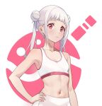  1girl absurdres arashi_chisato blunt_bangs breasts closed_mouth collarbone double_bun hair_bun hand_on_own_hip highres long_hair looking_at_viewer love_live! love_live!_superstar!! midriff navel red_eyes small_breasts solo sports_bra twintails upper_body white_hair white_sports_bra zbk_nashi 