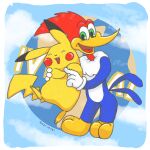  1boy animal bird crossover highres kuranojo laughing male_focus multiple_boys no_humans open_mouth pikachu pokemon simple_background sky smile tickling toon_(style) universal_studios woody_woodpecker woody_woodpecker_(series) 