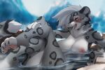 anthro bathing big_breasts blush breasts claws eyes_closed feet felid feline female fur grey_body grey_fur hair hi_res hot_spring mammal markings nipples nude pantherine partially_submerged pawpads snow_leopard solo spots spotted_body spotted_fur tail toe_claws water wet white_hair woolrool