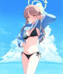  1girl absurdres aki_(user_mxzg2544) bikini black_bikini blue_archive blue_hoodie blush breasts brown_eyes brown_hair closed_mouth clothes_lift cloud cloudy_sky cowboy_shot day halo highres hood hood_down hoodie hoodie_lift large_breasts lifted_by_self long_hair long_sleeves moe_(blue_archive) moe_(swimsuit)_(blue_archive) navel ocean official_alternate_costume outdoors side-tie_bikini_bottom sky smile solo swimsuit twintails yellow_halo 