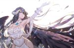  albedo arm_up bare_shoulders black_hair black_wings breasts calder commentary_request demon_girl demon_horns demon_wings detached_collar dress elbow_gloves feathered_wings feathers gloves hair_between_eyes highres hip_vent horns large_breasts long_hair low_wings navel_cutout overlord_(maruyama) solo white_dress white_gloves wings yellow_eyes 