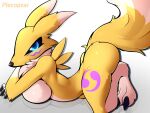anthro bandai_namco black_sclera blue_eyes breast_squish breasts butt claws digimon digimon_(species) dipstick_ears feet female fluffy fur fur_markings hi_res lying markings multicolored_ears nude on_front pinup plecopsar pose renamon shaded simple_background solo squish yellow_body