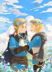  blonde_hair blue_eyes blue_sky blue_tunic braid champion&#039;s_tunic_(zelda) closed_eyes closed_mouth cloud cloudy_sky crown_braid fingerless_gloves flower_wreath gloves head_wreath highres hood light_brown_hair link maway meadow open_mouth pointy_ears princess_zelda short_hair sidelocks silent_princess sky smile standing the_legend_of_zelda the_legend_of_zelda:_tears_of_the_kingdom vambraces 