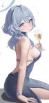  1girl absurdres ako_(blue_archive) ako_(dress)_(blue_archive) arm_support backless_dress backless_outfit bare_shoulders blue_archive blue_dress blue_eyes blue_hair blue_halo blush breasts closed_mouth commentary_request cup dress drinking_glass fingernails hair_between_eyes hairband halo highres holding holding_cup hoshinopurin large_breasts looking_at_viewer medium_hair nail_polish purple_nails side_slit sideboob simple_background sitting sitting_on_object sleeveless sleeveless_dress smile solo white_background wristband 