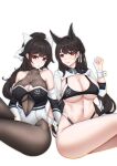  2girls atago_(azur_lane) atago_(stunning_speedster)_(azur_lane) azur_lane bare_shoulders bikini black_bikini black_hair bodystocking bow breasts chuer_722 cleavage cleavage_cutout clothing_cutout elbow_gloves extra_ears gloves hair_ribbon highleg highleg_bikini highres large_breasts long_hair looking_at_viewer mole mole_under_eye multicolored_leotard multiple_girls official_alternate_costume ponytail race_queen ribbon siblings simple_background sisters sitting sleeve_cuffs stomach_cutout swimsuit takao_(azur_lane) takao_(full_throttle_charmer)_(azur_lane) two-tone_bikini two-tone_leotard white_background white_bow white_ribbon 