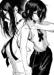  1girl absurdres bare_shoulders black_choker black_hair black_pants blood blood_from_mouth breasts buttons chainsaw_man choker cowboy_shot greyscale hair_between_eyes hair_bun half-closed_eyes highres jesse_schickler looking_at_viewer medium_breasts messy_hair monochrome multiple_views neck_ribbon pants parted_lips profile reze_(chainsaw_man) ribbon shirt sleeveless sleeveless_shirt solo upper_body white_background white_shirt wiping_mouth 