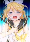  blonde_hair blue_eyes blush commentary_request hair_ornament hairclip hazuki_natsu headphones headset highres kagamine_rin looking_at_viewer open_mouth sailor_collar short_hair sleeveless solo tears twitter_username vocaloid 