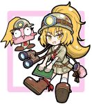  2girls :d ankle_ribbon bandages belt binoculars blonde_hair blush book brown_footwear brown_shirt creature_and_personification goombella helmet highres holding holding_book jewelry leg_ribbon long_hair mario_(series) multiple_girls nuudayo_nuudayo open_mouth paper_mario paper_mario:_the_thousand_year_door personification pocket ponytail pouch red_ribbon ribbon ring shirt short_sleeves simple_background smile socks sticker white_socks yellow_eyes 