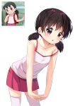  1girl :o backpack bag black_hair blush breasts brown_eyes camisole child cleavage collarbone doraemon hair_tie highres ikazu401 looking_at_viewer minamoto_shizuka miniskirt own_hands_together parted_lips photo-referenced photo_inset pleated_skirt randoseru red_skirt rico_(jackdoa) short_hair short_twintails simple_background skirt small_breasts solo standing twintails white_background white_theme 