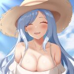  1girl :d ^_^ bare_shoulders blue_hair blue_sky blush breasts bu_weizhuang cleavage closed_eyes cloud collarbone commentary_request day dress facing_viewer genshin_impact hat highres large_breasts long_hair off-shoulder_dress off_shoulder open_mouth shenhe_(genshin_impact) short_sleeves sky smile solo sun_hat upper_body very_long_hair white_dress 