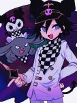  1boy absurdres black_hair checkered_clothes checkered_scarf crossover danganronpa_(series) danganronpa_v3:_killing_harmony demon_tail hair_between_eyes hand_on_own_hip hat highres kuromi looking_to_the_side male_focus multicolored_hair oma_kokichi onegai_my_melody open_mouth purple_eyes purple_hair ringed_eyes sanrio scarf short_hair solo_focus standing straitjacket tail two-tone_hair upper_body ynyntai 