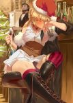  1girl absurdres alcohol bangs bar bar_stool bartender black_coat blonde_hair blush boots bottle braid breasts bustier choker christmas christmas_tree closed_mouth coat commentary_request cross-laced_footwear cup dress drinking_glass drunk elbow_rest eyebrows_visible_through_hair french_braid fur-trimmed_coat fur_trim garter_straps girls_frontline hair_between_eyes hat head_on_hand highres holding holding_bottle holding_cup lace-up_boots long_hair looking_at_viewer medium_breasts off_shoulder ohland ots-14_(girls_frontline) refrigerator santa_hat sitting skirt sleeves_rolled_up star star_choker stool striped striped_legwear thighhighs thighs very_long_hair wine_rack yellow_eyes 