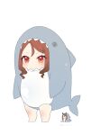  1girl alternate_costume animal_costume blush brown_hair chibi commentary horse_girl king_halo_(umamusume) koruri looking_at_viewer red_eyes shark_costume simple_background solo symbol-only_commentary twitter_username umamusume white_background 