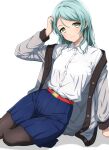  1girl absurdres aqua_hair arm_support arm_up bang_dream! belt belt_buckle blue_skirt brown_pantyhose buckle buttons closed_mouth collared_shirt commentary green_eyes grey_jacket hair_between_eyes hand_in_own_hair highres hikawa_sayo jacket knees_out_of_frame leaning_to_the_side light_blush long_hair long_sleeves looking_at_viewer miniskirt noshimurin off_shoulder open_clothes open_jacket pantyhose parted_bangs pleated_skirt red_belt shirt shirt_tucked_in simple_background sitting skirt smile solo white_background white_shirt yokozuwari 
