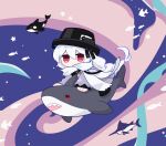  1girl arknights black_headwear blue_background bucket_hat chibi commentary_request dress fish full_body grey_dress grey_hair hat long_hair long_sleeves looking_at_viewer multicolored_background orca pink_background red_eyes riding scarf shark solo soppos specter_(arknights) specter_(undercurrent)_(arknights) star_(symbol) swordfish tropical_fish white_scarf 