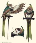  animal animal_focus artist_name beak bird cape closed_eyes clothed_animal commentary from_side full_body green_cape green_eyes highres looking_to_the_side multiple_views murayama_ryouta no_humans open_mouth original owl perching signature simple_background talons yawning yellow_background 